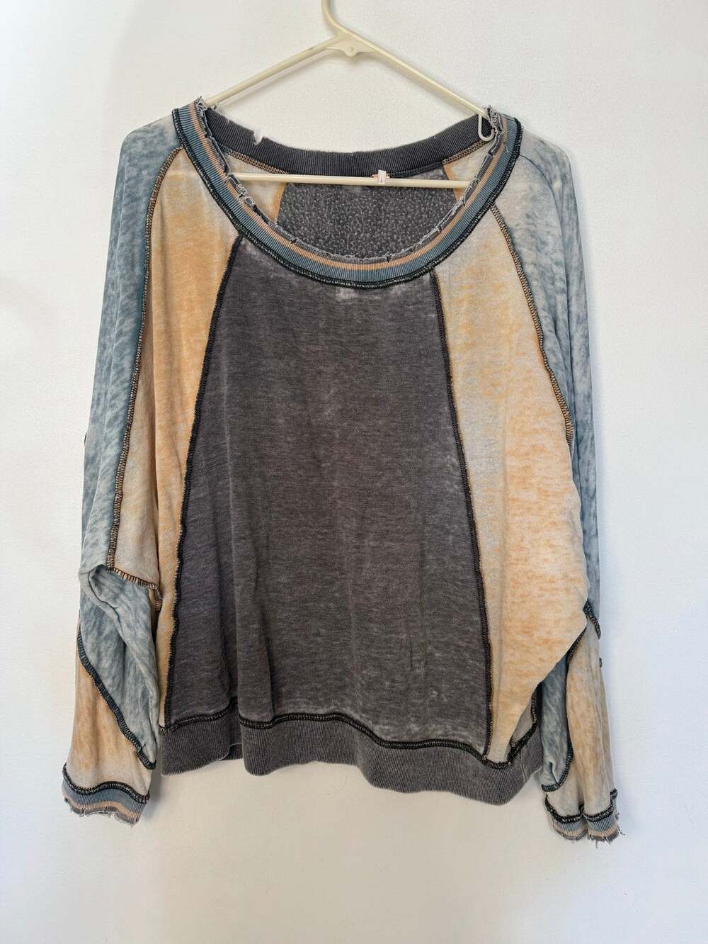 Free People Distressed Weathered Long Sleeve Top Color Block Star Patch Large